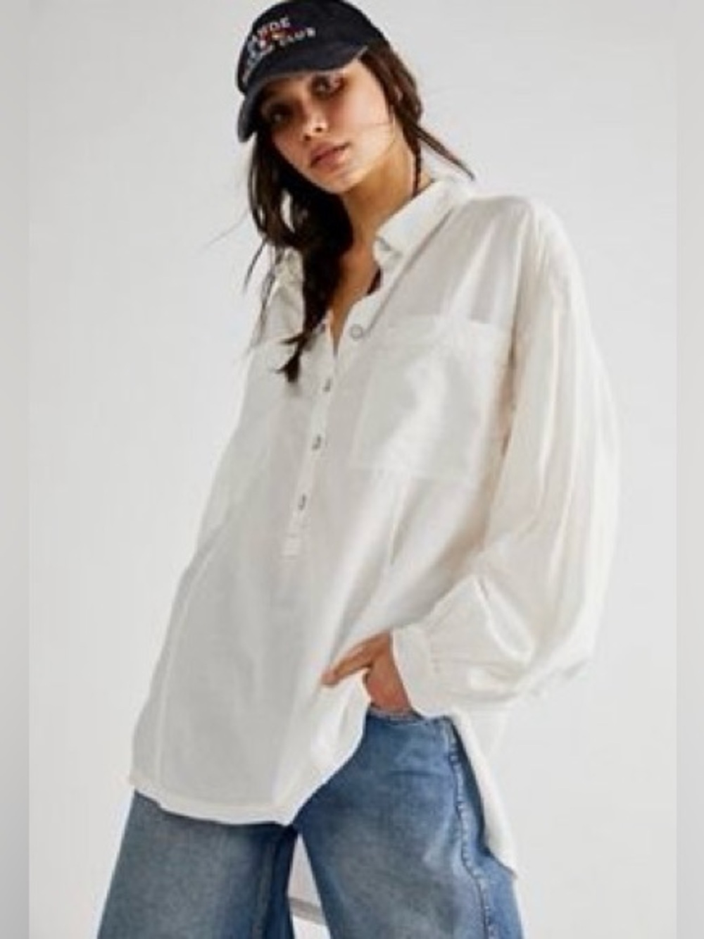 Free People Oversized White Linen Button Top - size small